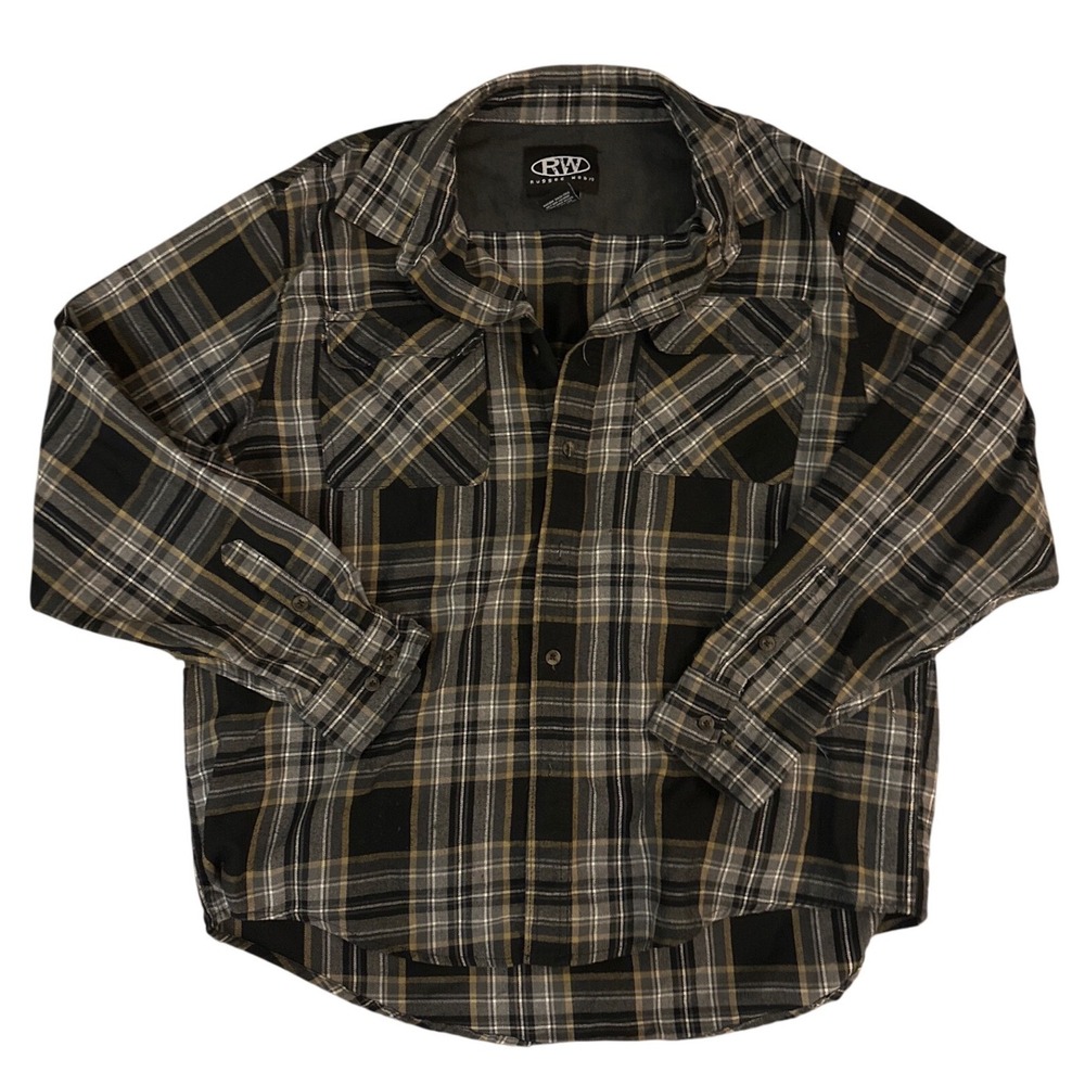 Rugged Wear Mens 2XL Flannel Button Down Shirt Black Grey Tan Plaid Long Sleeve